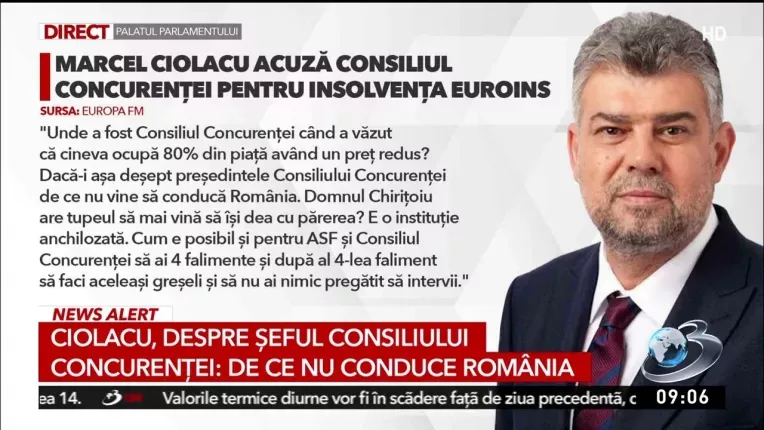 Presedintele PSD, Marcel Ciolacu arunca vina insolventei Euroins in spatele Consiliului Concurentei